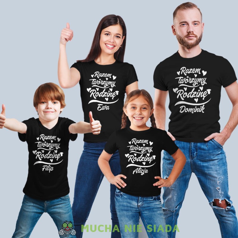 razem tworzymy rodzinę imiona zestaw czarnych koszulek dla taty, syna, mamy, córki na prezent, fajne koszulki, mucha nie siada, rodzina, mns.jpg
