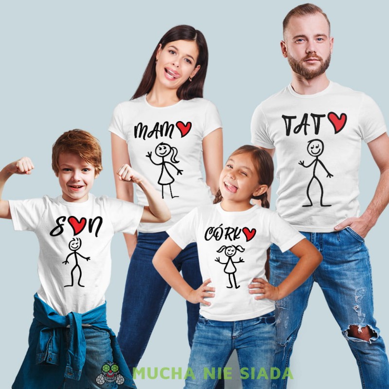 mama tata córka syn serce zestaw bialych koszulek dla taty, syna, mamy, córki na prezent, fajne koszulki, mucha nie siada, rodzina, mns.jpg