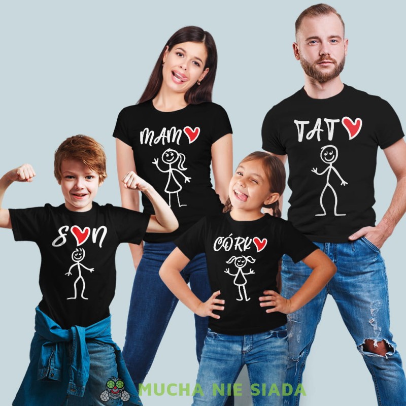 mama tata córka syn serce zestaw czarnych koszulek dla taty, syna, mamy, córki na prezent, fajne koszulki, mucha nie siada, rodzina, mns.jpg