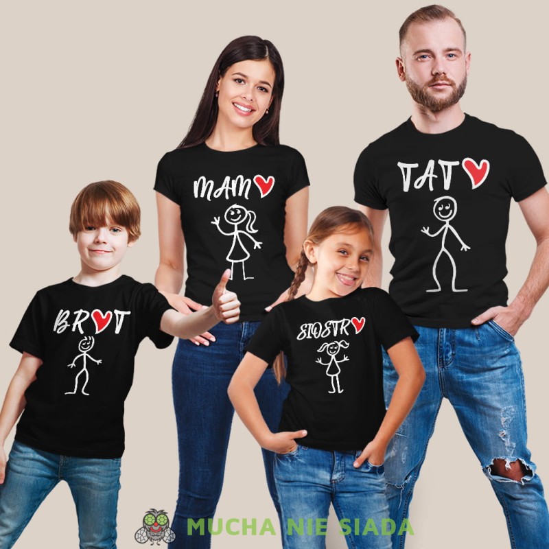 mama tata siostra brat serce zestaw czarnych koszulek dla taty, syna, mamy, córki na prezent, fajne koszulki, mucha nie siada, rodzina, mns.jpg