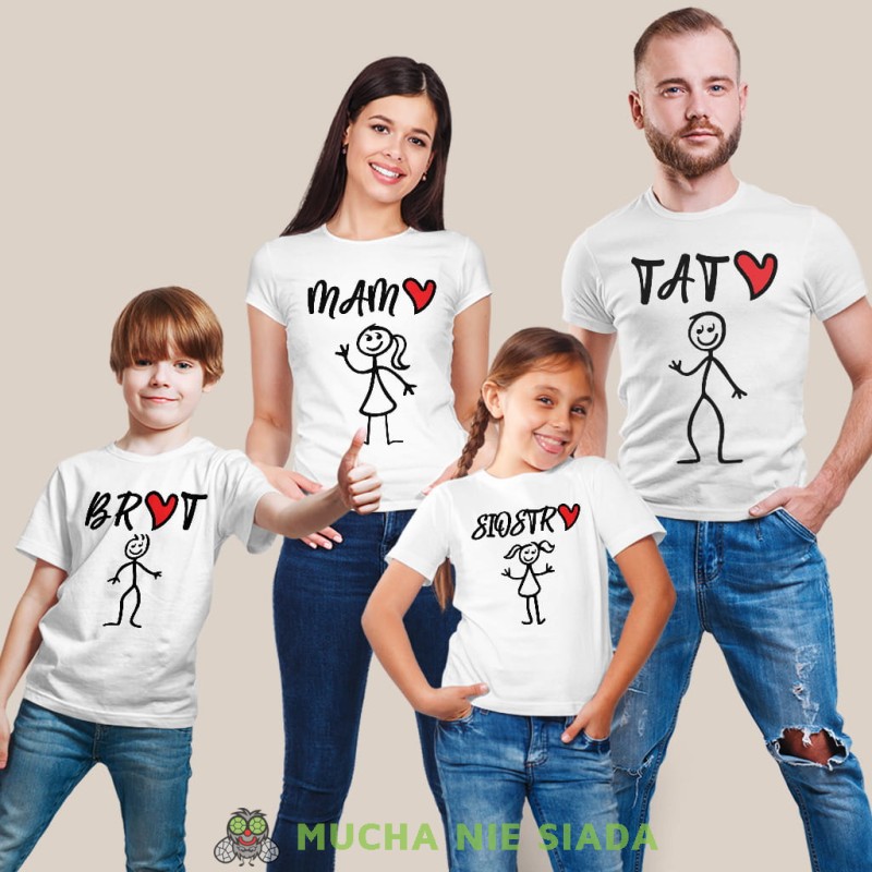 mama tata siostra brat serce zestaw bialych koszulek dla taty, syna, mamy, córki na prezent, fajne koszulki, mucha nie siada, rodzina, mns.jpg