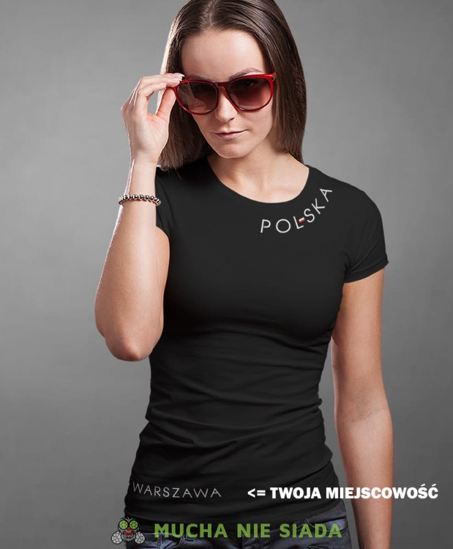 Polska Flaga Miasto, czarna damska koszulka z nadrukiem, koszulka patriotyczna, koszulki z grafiką patriotyczną, dla kobiet, dla dziewczyny na prezent, koszulka Polska, koszulki Polska opis.jpg