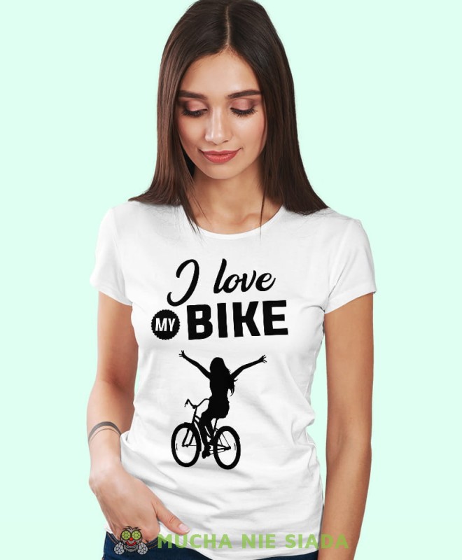 i love my bike, biała damska koszulka rowerowa z nadrukiem, na rower, fajna koszulka dla rowerzystki, na co dzień, na prezent_.jpg