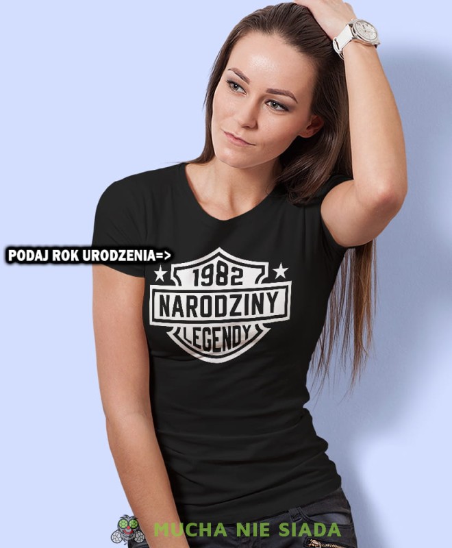 narodziny legendy, czarna damska koszulka urodzinowa z nadrukiem, na urodziny, na prezent, dla niej, mucha nie siada, opis.jpg