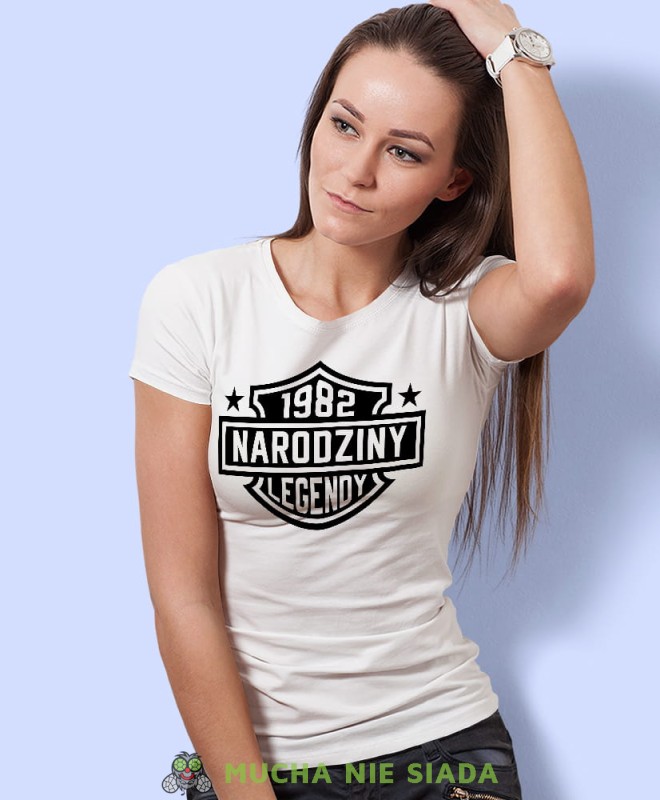 narodziny legendy, biała damska koszulka urodzinowa z nadrukiem, na urodziny, na prezent, dla niej, mucha nie siada, mns.jpg