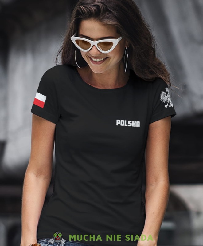 Polska Orzeł Polski flaga czarna damska koszulka patriotyczna, patriotka, koszulka dla niej, dla dziewczyny, koszulka na prezent.jpg