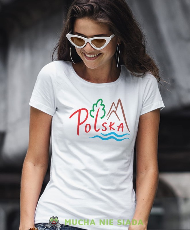 Polska lasy góry i mazury, biała damska koszulka z nadrukiem, koszulka patriotyczna, koszulki z grafiką patriotyczną, orzeł polski, dla kobiet, koszulka Polska, koszulki Polska.jpg