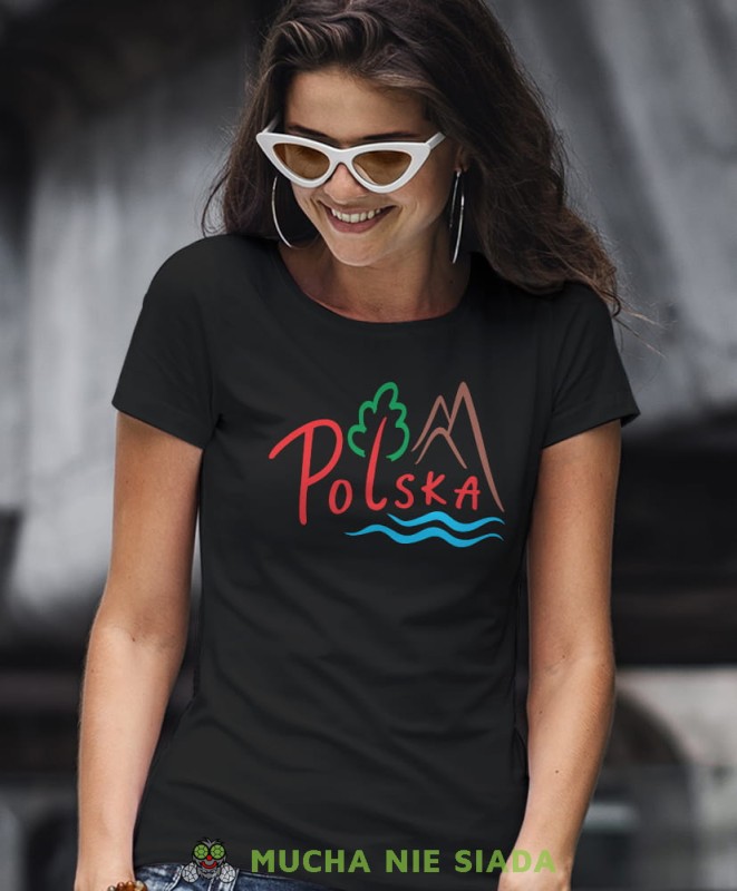 Polska lasy góry i mazury, czarna damska koszulka z nadrukiem, koszulka patriotyczna, koszulki z grafiką patriotyczną, orzeł polski, dla kobiet, koszulka Polska, koszulki Polska.jpg