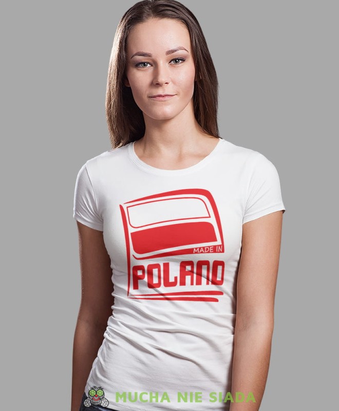 Made in Poland flaga, biała damska koszulka z nadrukiem, koszulka patriotyczna, koszulki z grafiką patriotyczną, orzeł polski, dla kobiet, koszulka Polska, koszulki Polska.jpg