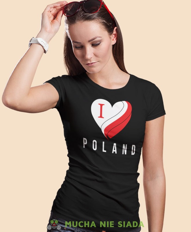 I love Poland flaga, czarna damska koszulka z nadrukiem, koszulka patriotyczna, koszulki z grafiką patriotyczną, orzeł polski, dla kobiet, koszulka Polska, koszulki Polska.jpg