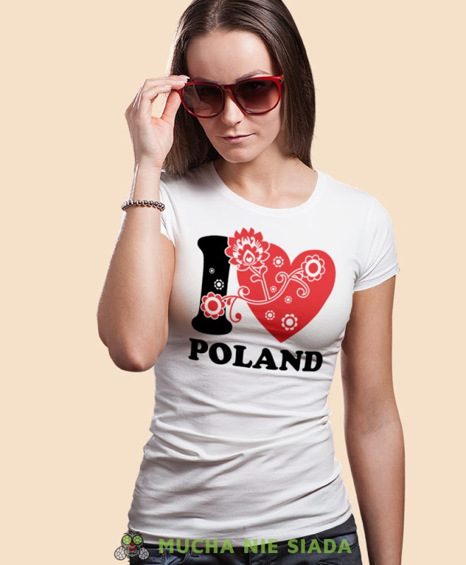 I love Poland folklor, biała damska koszulka z nadrukiem, koszulka patriotyczna, koszulki z grafiką patriotyczną, orzeł polski, dla kobiet, koszulka Polska, koszulki Polska.jpg