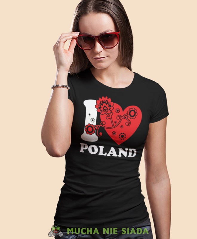 I love Poland folklor, czarna damska koszulka z nadrukiem, koszulka patriotyczna, koszulki z grafiką patriotyczną, orzeł polski, dla kobiet, koszulka Polska, koszulki Polska.jpg