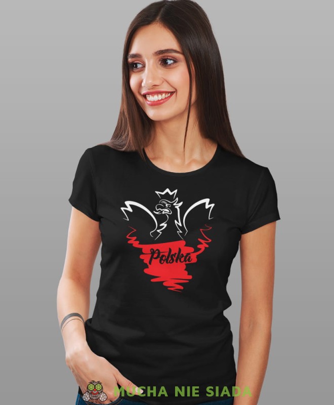 Polska - Orzeł Polski, czarna damska koszulka z nadrukiem, koszulka patriotyczna, koszulki z grafiką patriotyczną, orzeł polski, dla kobiet, koszulka Polska, koszulki Polska.jpg
