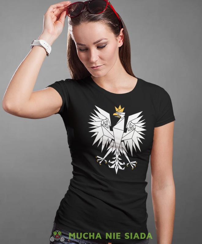 Polska - orzeł, czarna damska koszulka z nadrukiem, koszulka patriotyczna, koszulki z grafiką patriotyczną, orzeł polski, dla kobiet, koszulka Polska, koszulki Polska.jpg
