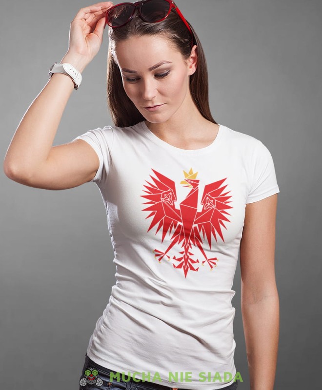 Polska - orzeł, biała damska koszulka z nadrukiem, koszulka patriotyczna, koszulki z grafiką patriotyczną, orzeł polski, dla kobiet, koszulka Polska, koszulki Polska.jpg