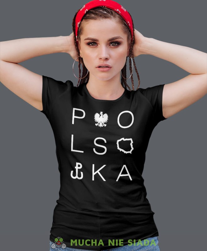 Polska - Orzeł - Polska Walcząca, czarna damska koszulka z nadrukiem, koszulka patriotyczna, koszulki z grafiką patriotyczną, orzeł polski, dla kobiet, koszulka Polska, koszulki Polska.jpg