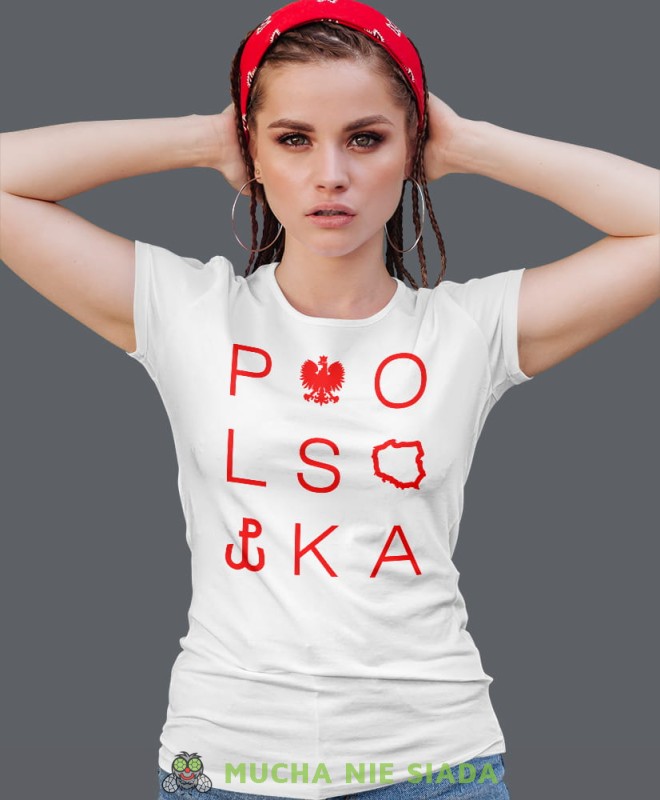 Polska - Orzeł - Polska Walcząca, biała damska koszulka z nadrukiem, koszulka patriotyczna, koszulki z grafiką patriotyczną, orzeł polski, dla kobiet, koszulka Polska, koszulki Polska.jpg