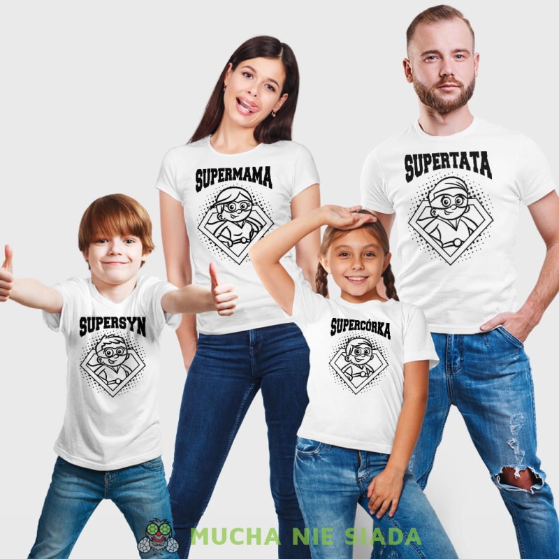 Super Rodzina, mama, tata, syn, córka, białe koszulki rodzinne, na prezent, fajne koszulki, mucha nie siada, mns sklep.jpg