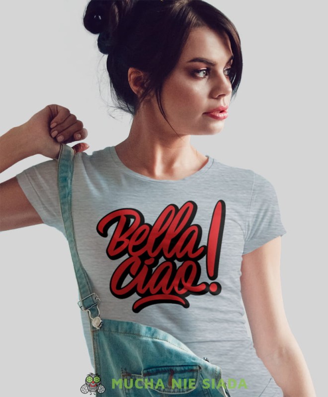 bella ciao dom z papieru, szara damska koszulka z nadrukiem na prezent dla dziewczyny dla żony.jpg