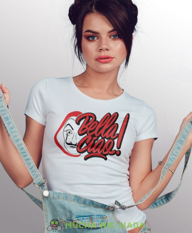 bella ciao maska dom z papieru, biała damska koszulka z nadrukiem na prezent dla dziewczyny dla żony.jpg