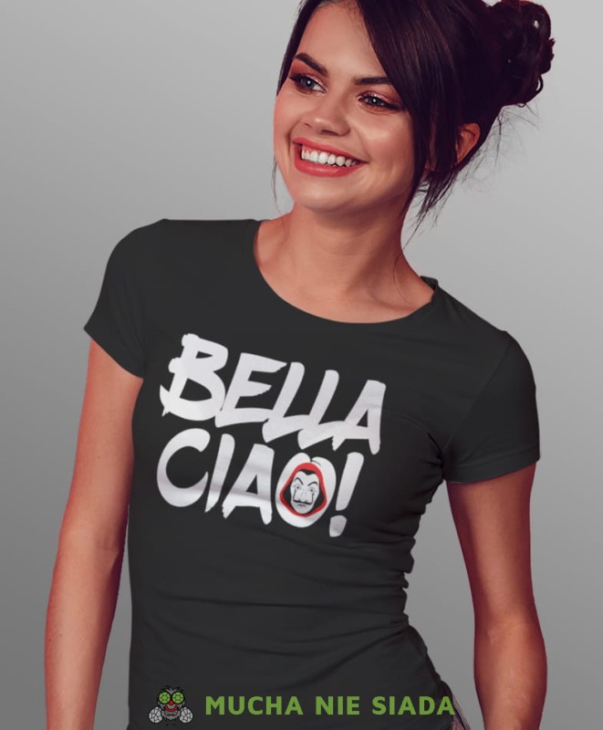 bella ciao! maska dom z papieru, czarna damska koszulka z nadrukiem na prezent dla dziewczyny dla żony.jpg