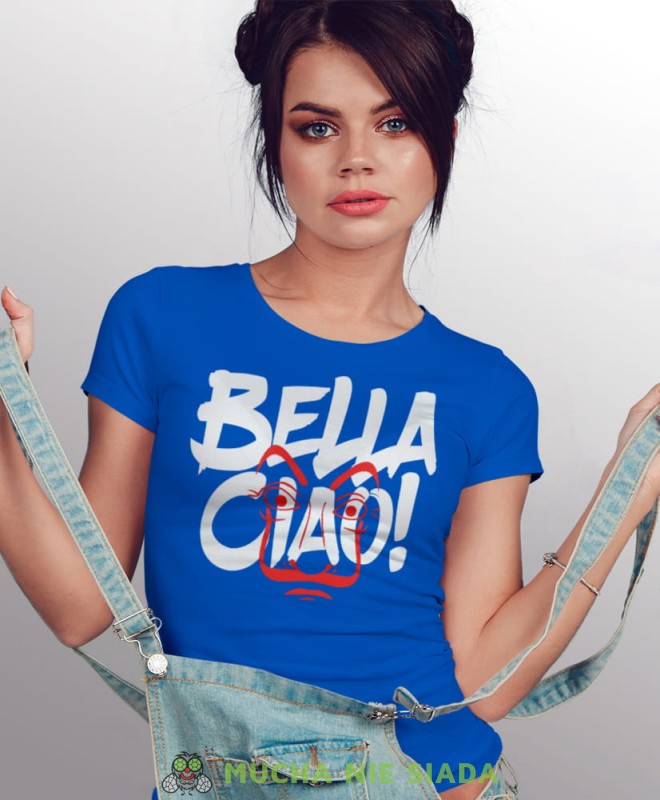 bella ciao maska, niebieska damska koszulka z nadrukiem na prezent dla dziewczyny dla żony.jpg