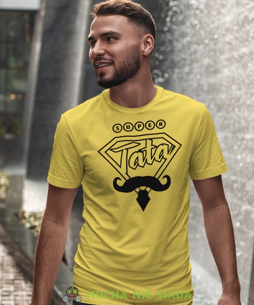 Super tata, wąsy, krawat, żółta koszulka, dzień taty, koszulka dla ojca, koszulka na dzień ojca, t-shirt dla taty, prezent dla taty, koszulka męska, mucha nie siada, mns.jpg