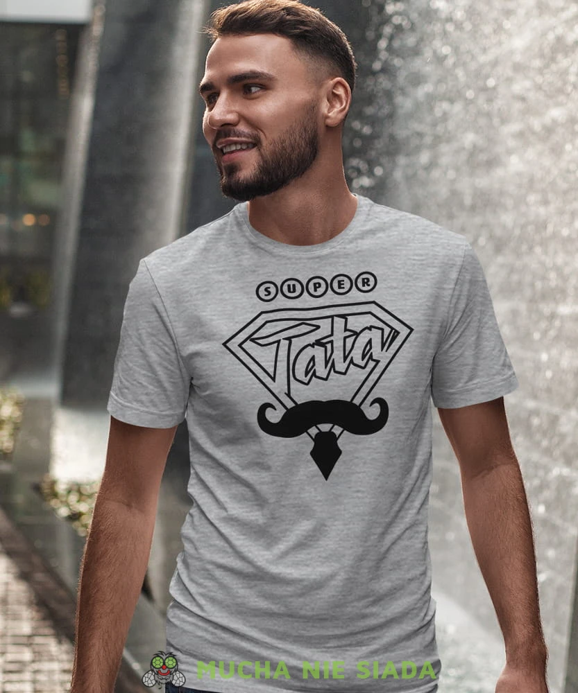 Super tata, wąsy, krawat, szara koszulka, dzień taty, koszulka dla ojca, koszulka na dzień ojca, t-shirt dla taty, prezent dla taty, koszulka męska, mucha nie siada, mns.jpg