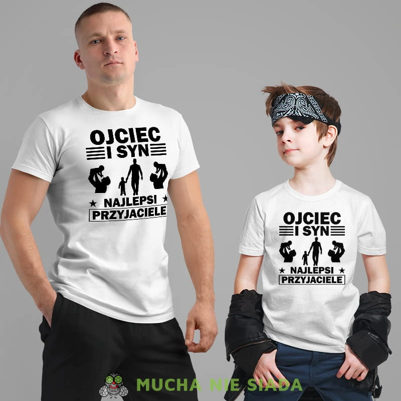 Ojciec i Syn najlepsi przyjaciele , zestaw białych koszulek dla taty i syna, na prezent, fajne koszulki, mucha nie siada, rodzina.jpg