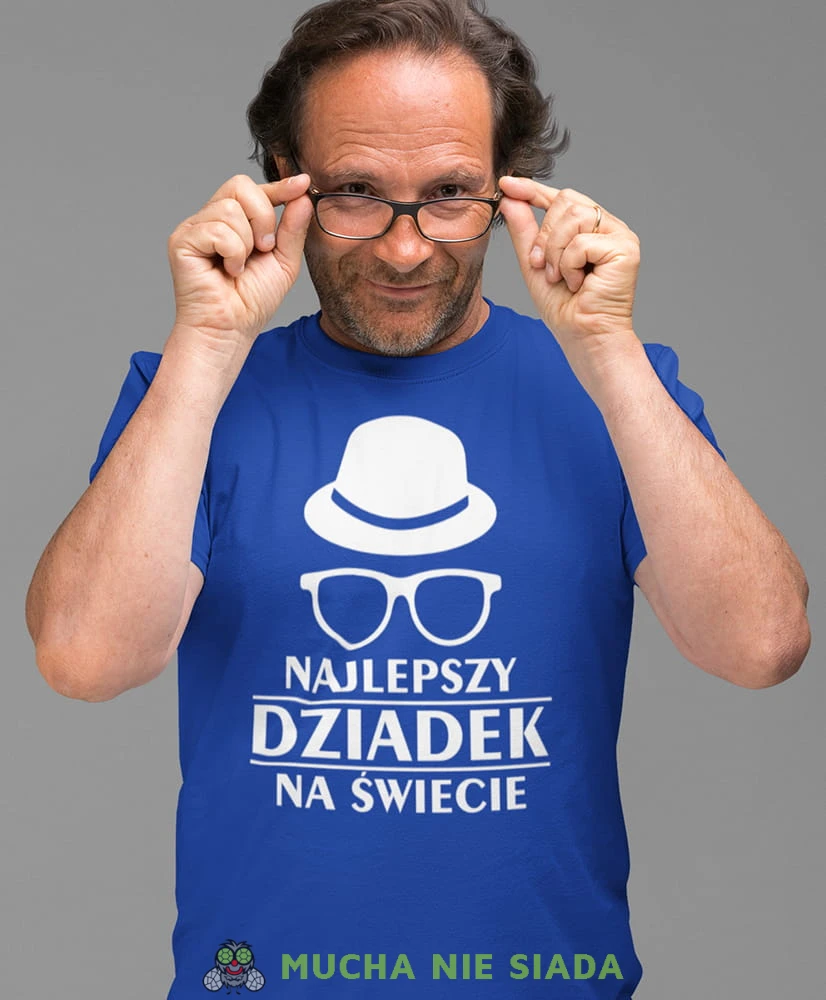 Najlepszy dziadek na świecie kapelusz okulary, niebieska koszulka męska dla dziadka, na urodziny, na dzień dziadka, na prezent, mucha nie siada, mns sklep.jpg