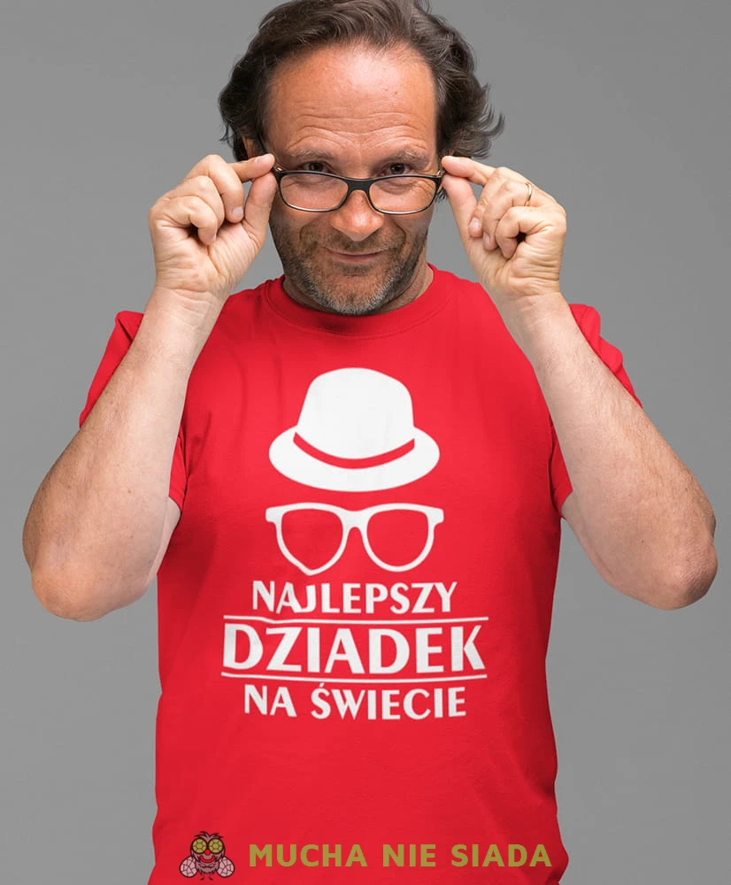 Najlepszy dziadek na świecie kapelusz okulary, czerwona koszulka męska dla dziadka, na urodziny, na dzień dziadka, na prezent, mucha nie siada, mns sklep.jpg