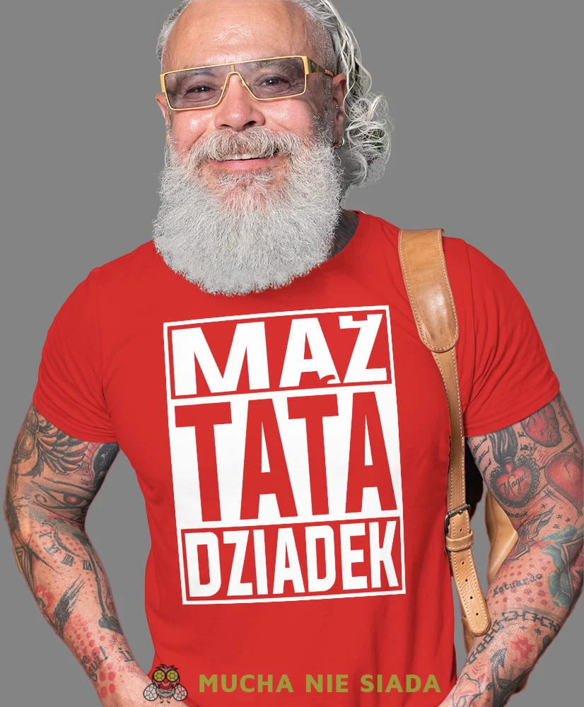 Mąż Tata Dziadek, czerwona koszulka męska dla dziadka, na urodziny, na dzień dziadka, na prezent, mucha nie siada, mns sklep.jpg