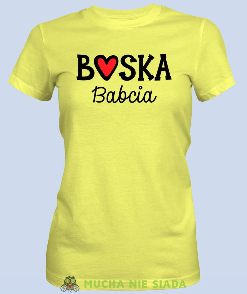 Boska babcia serce, żółta koszulka damska dla babci, na urodziny, na dzień babci, na prezent, mucha nie siada sklep, mns.jpg