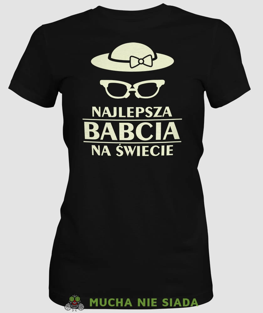 Najlepsza babcia na świecie kapelusz okulary, czarna koszulka damska dla babci, na urodziny, na dzień babci, na prezent, mucha nie siada sklep, mns.jpg