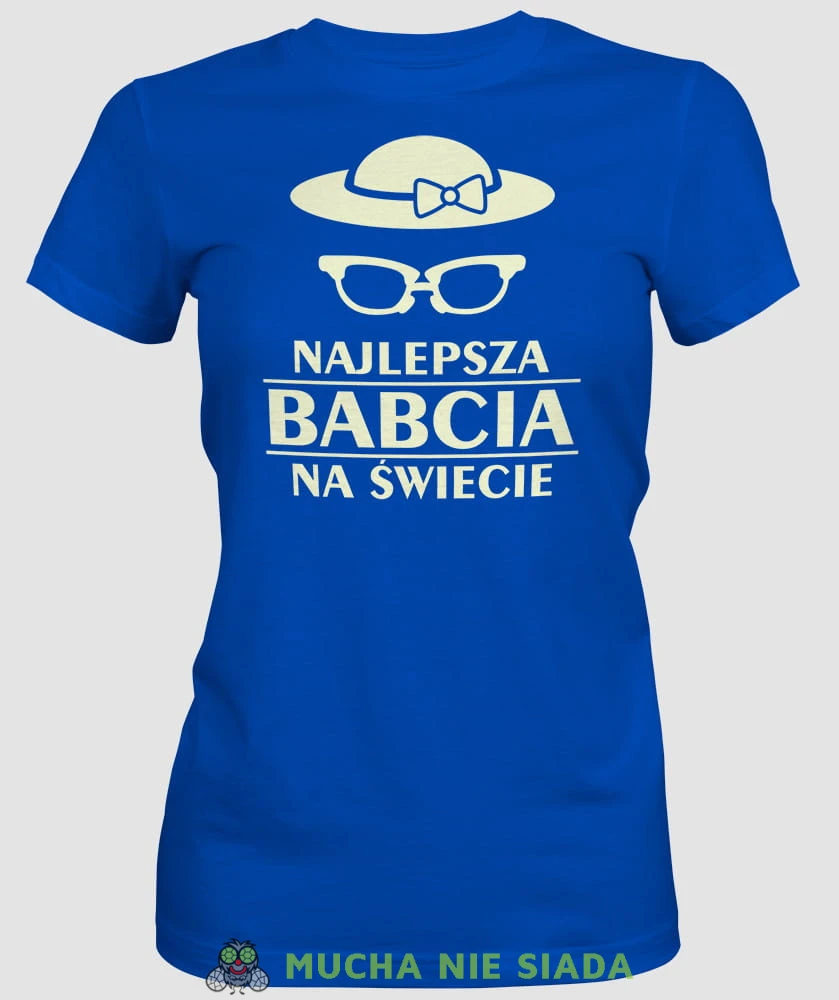 Najlepsza babcia na świecie kapelusz okulary, niebieska koszulka damska dla babci, na urodziny, na dzień babci, na prezent, mucha nie siada sklep, mns.jpg