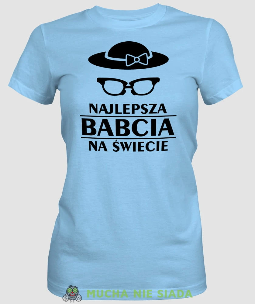 Najlepsza babcia na świecie kapelusz okulary, jasnoniebieska koszulka damska dla babci, na urodziny, na dzień babci, na prezent, mucha nie siada sklep, mns.jpg