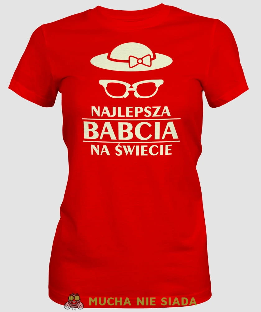 Najlepsza babcia na świecie kapelusz okulary, czerwona koszulka damska dla babci, na urodziny, na dzień babci, na prezent, mucha nie siada sklep, mns.jpg