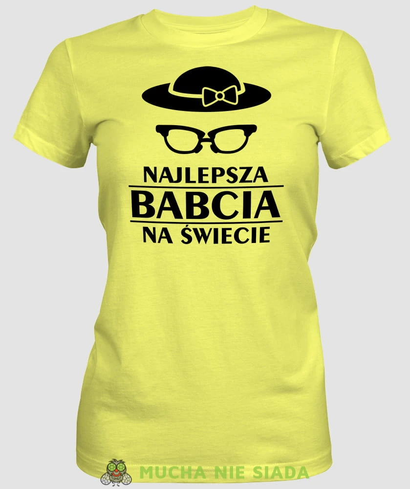 Najlepsza babcia na świecie kapelusz okulary, żółta koszulka damska dla babci, na urodziny, na dzień babci, na prezent, mucha nie siada sklep, mns.jpg