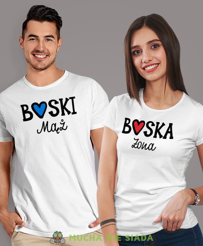 Boska Żona Boski Mąż, białe koszulki dla par, dla męża, dla żony, walentynki, fajne koszulki, t-shirty dla par, mucha nie siada sklep, mns sklep.jpg