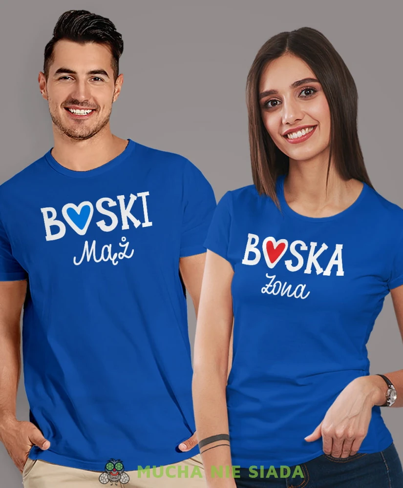 Boska Żona Boski Mąż, niebieskie koszulki dla par, dla męża, dla żony, walentynki, fajne koszulki, t-shirty dla par, mucha nie siada sklep, mns sklep.jpg