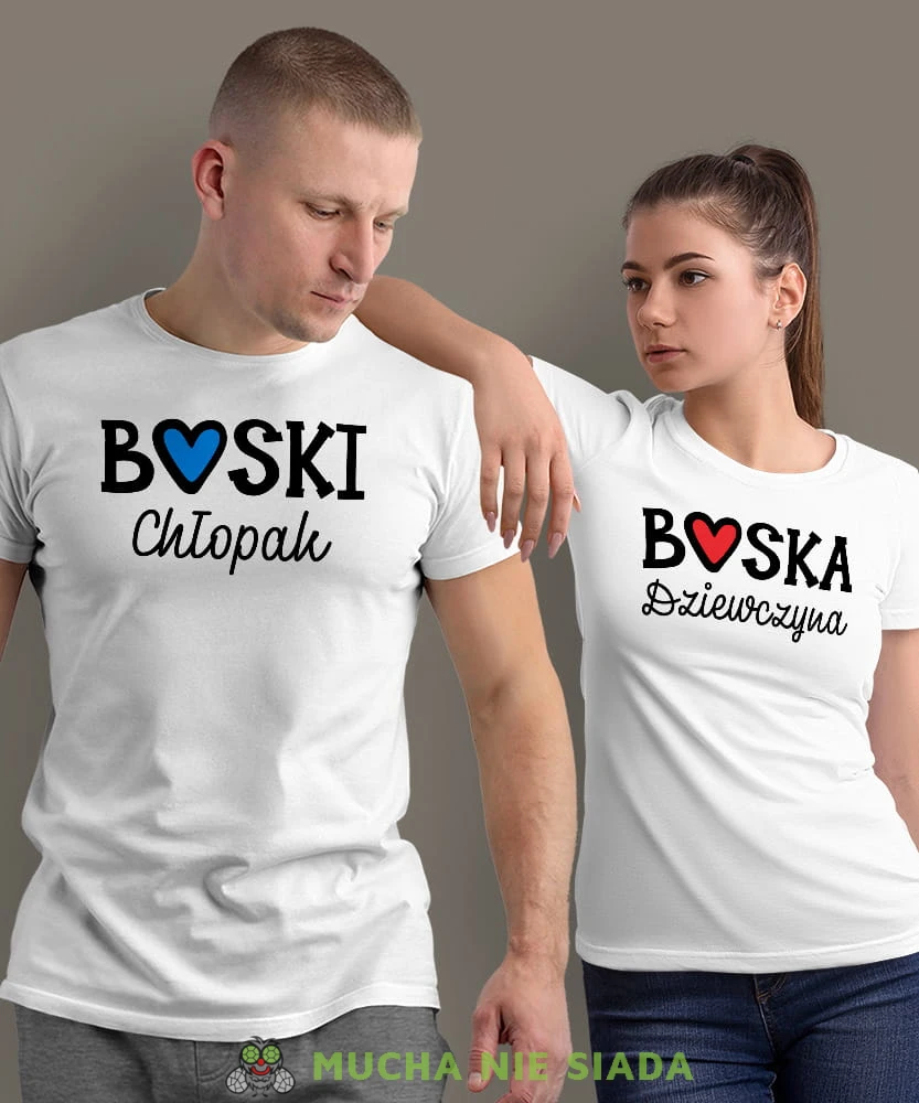Boska Dziewczyna Boski Chłopak, białe koszulki dla par, dla chłopaka, dla dziewczyny, walentynki, fajne koszulki, t-shirty dla par, mucha nie siada sklep, mns sklep.jpg