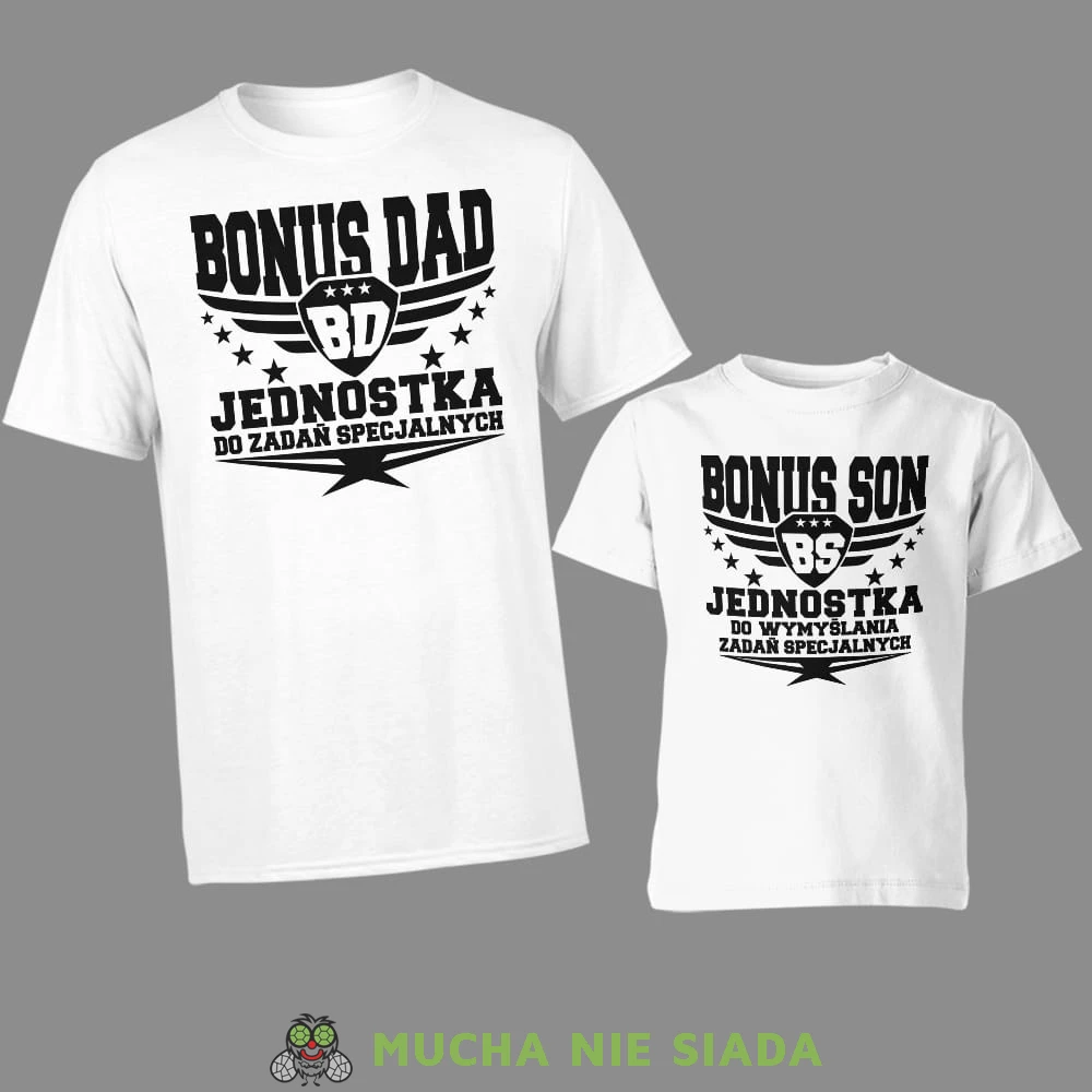 Bonus dad Bonus son, białe koszulki dla taty i syna, ojczym i pasierb.jpg
