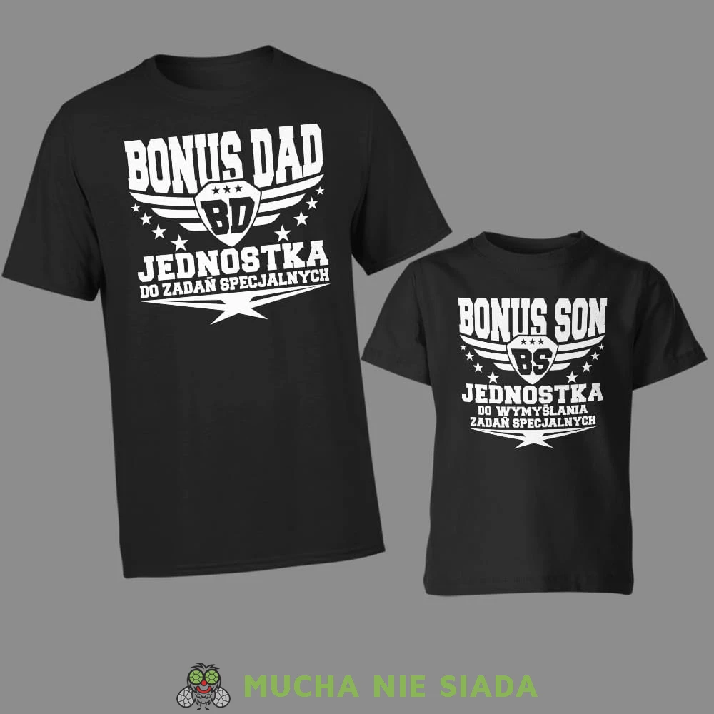 Bonus dad Bonus son, czarne koszulki dla taty i syna, ojczym i pasierb.jpg