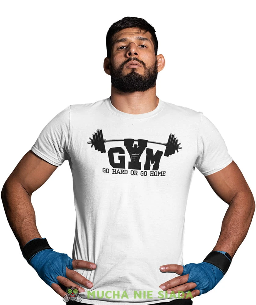 Gym go hard or go home, biała męska koszulka na siłownię koszulka sportowa, crossfit, na siłownię mns.jpg