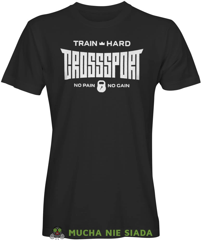 Train hard Crosssport No pain No gain, czarna koszulka na siłownię, męska koszulka, koszulka sportowa, crossfit, gym, na siłownię.jpg