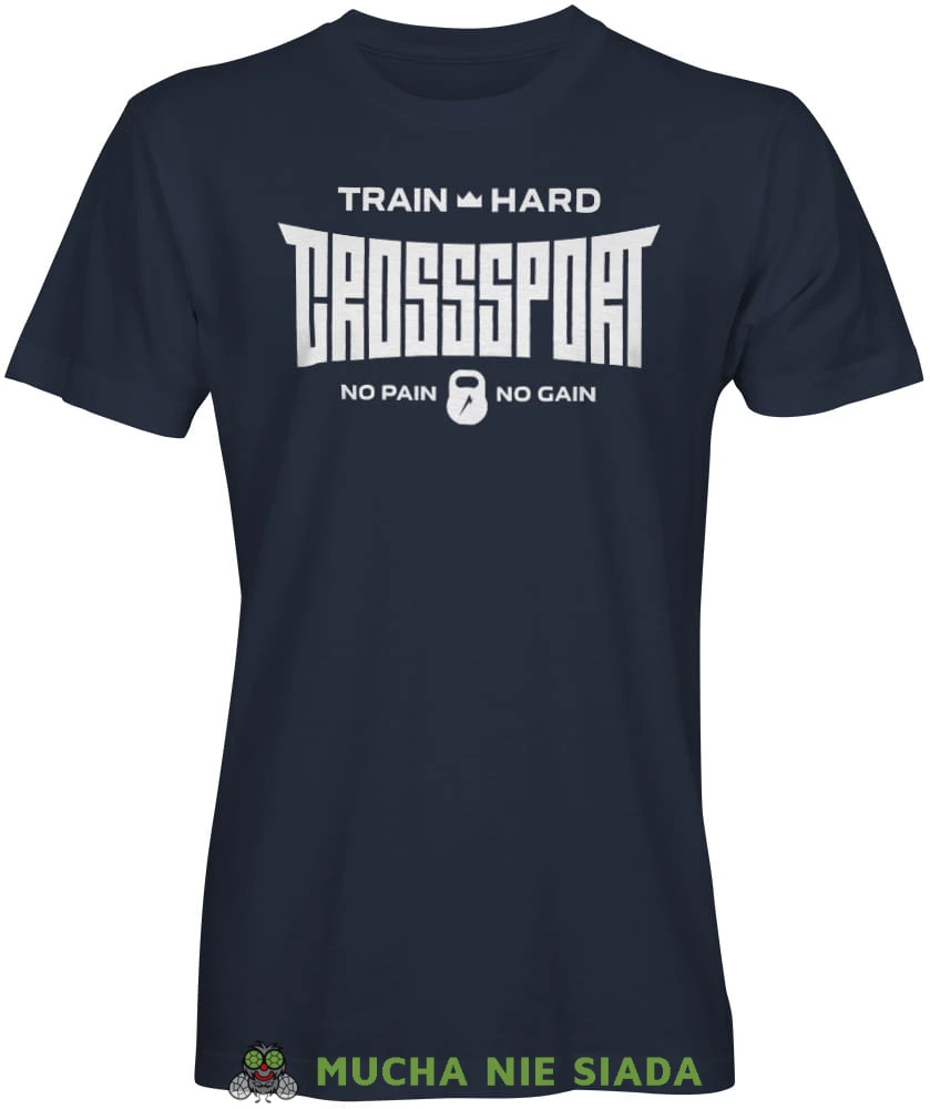 Train hard Crosssport No pain No gain, granatowa koszulka na siłownię, męska koszulka, koszulka sportowa, crossfit, gym, na siłownię.jpg