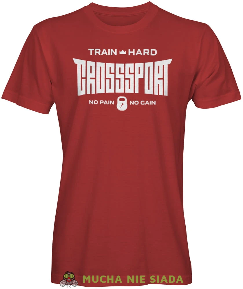 Train hard Crosssport No pain No gain, czerwona koszulka na siłownię, męska koszulka, koszulka sportowa, crossfit, gym, na siłownię.jpg