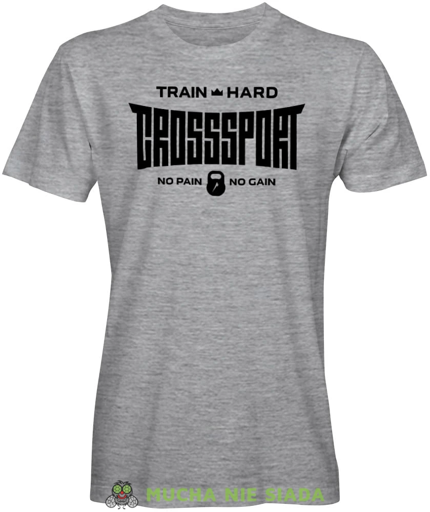 Train hard Crosssport No pain No gain, szara koszulka na siłownię, męska koszulka, koszulka sportowa, crossfit, gym, na siłownię.jpg