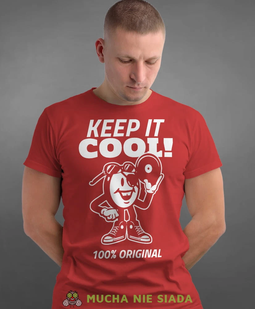 keep it cool, czerwona męska koszulka z nadrukiem na co dzień, na prezent, fajna koszulka.jpg