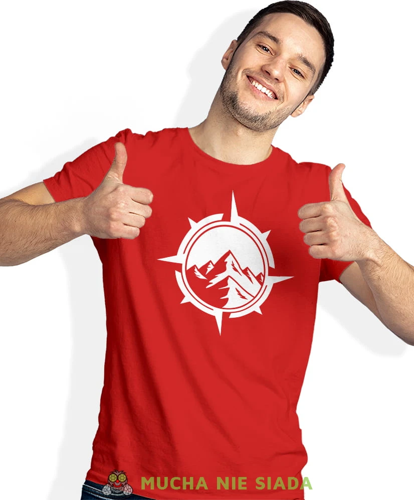 Męska koszulka z nadrukiem - Kompas, góry - Idealna za wypad w góry, czerwona koszulka z nadrukiem, wycieczka w góry, górska wyprawa, T-shirt do miłośników turystyki górskiej, mucha nie siada koszulki.jpg